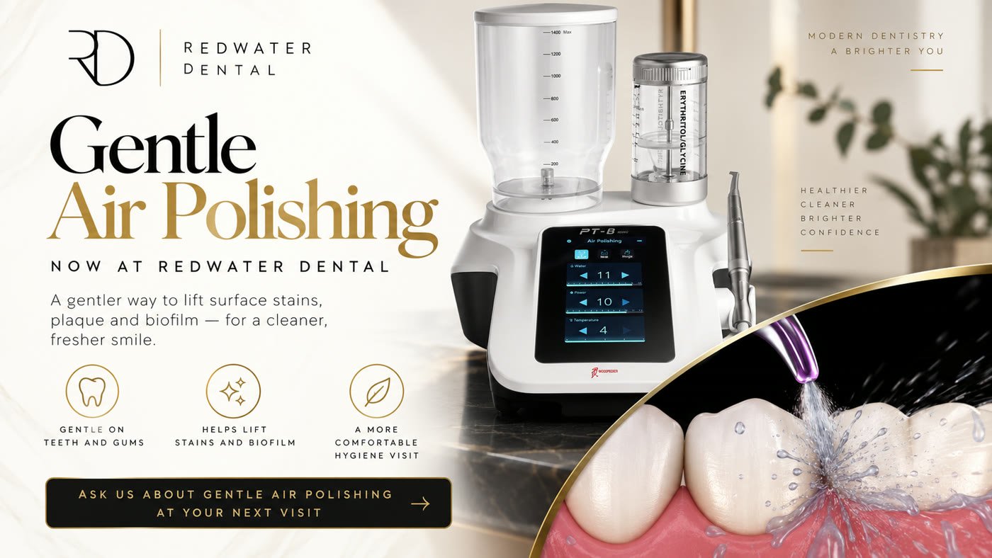 Gentle Air Polishing at Redwater Dental Clinic — modern air-polishing hygiene technology